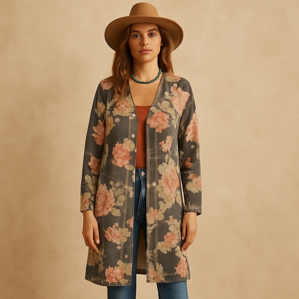 SOLITAIRE Anthropologie M Floral Faux Suede Open Front Trench Coat Boho Chic